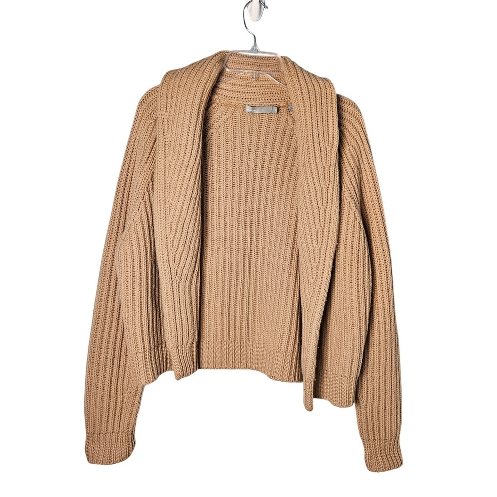 Vince Camel Brown Wool Cashmere Ribbed Knit Shawl Collar Open Cardigan Medium